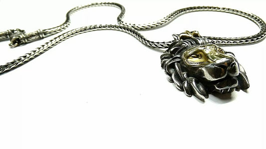 LARGE KONSTANTINO STERLING SILVER 18K GOLD LION HEAD NECKLACE PENDANT