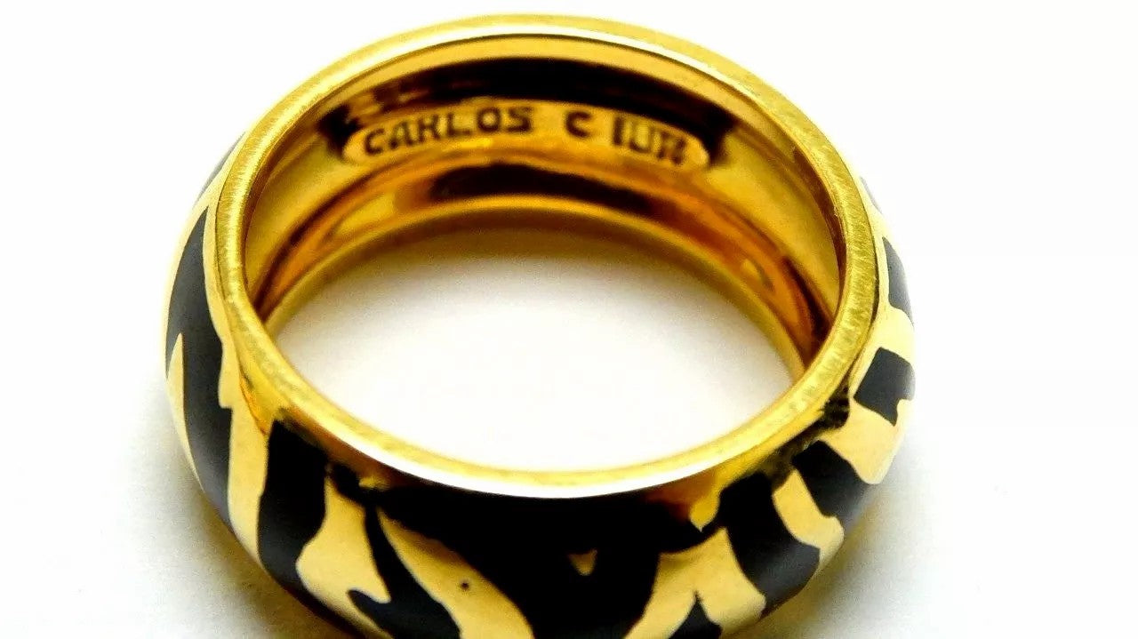 Fine Beautiful Carlos C 18K Yellow Gold & Black Enamel Ladies Band Tiger Ring