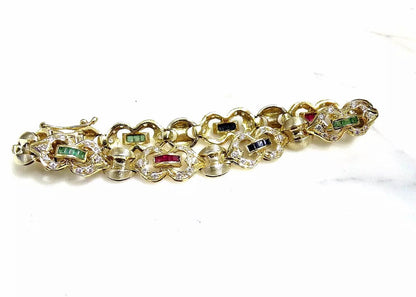 Vintage Fine 18K Yellow Gold 1.75 ct TW Ruby Emerald Sapphire Diamond Bracelet