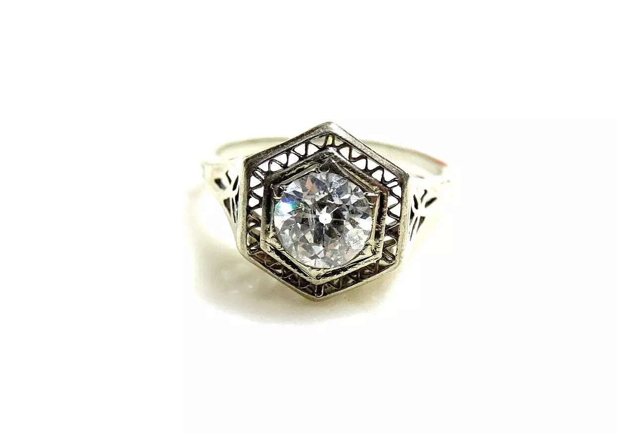 Vintage Antique 1.00 CT Old Minor European Cut Diamond 14k White Gold Ring