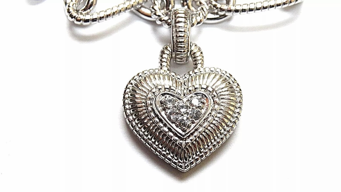 Judith Ripka Chain Sterling Silver link White Topaz necklace & heart Pendant