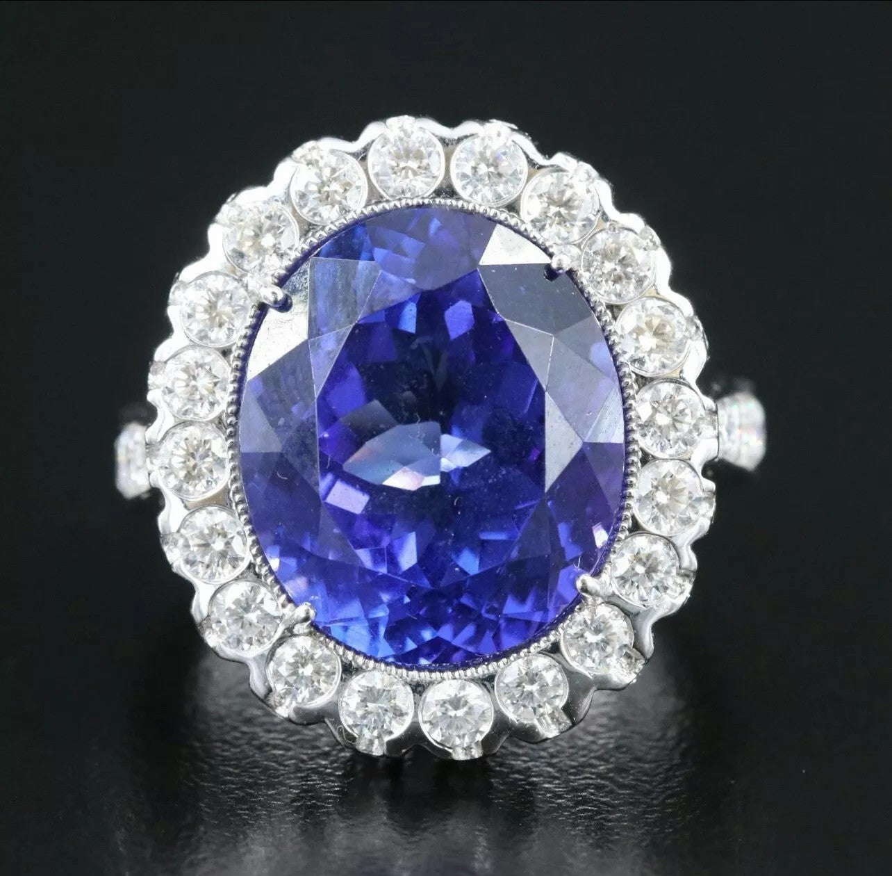 Vintage Natural 14.38 CTs Tanzanite And Diamond 18k White Gold Ring Engagement