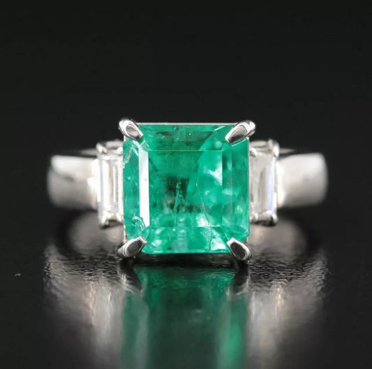 Genuine Platinum Octagonal Columbian Emerald VS Diamond Engagement Ring