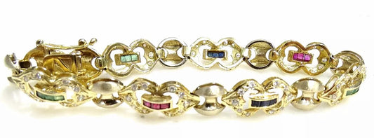 Vintage Fine 18K Yellow Gold 1.75 ct TW Ruby Emerald Sapphire Diamond Bracelet