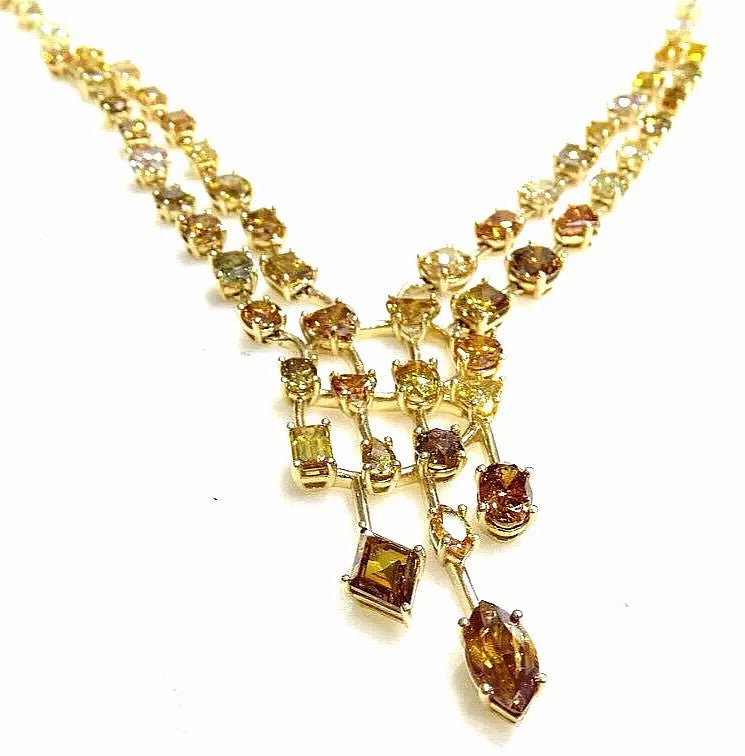 Unique 18k Yellow Gold 35.05 CTs Fancy cut Fancy Color Natural Diamond Necklace