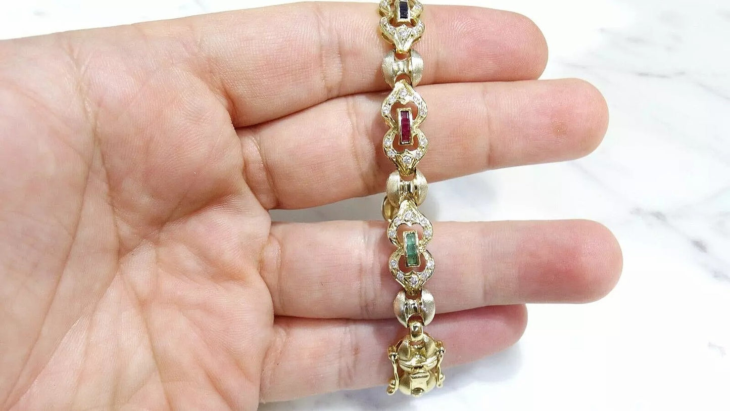 Vintage Fine 18K Yellow Gold 1.75 ct TW Ruby Emerald Sapphire Diamond Bracelet