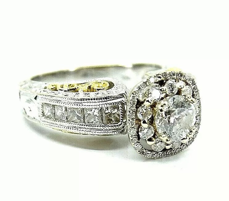 Fine 18k Two Tone Gold Fligree Design Diamond Engagment Wedding Ring F SI1-SI2