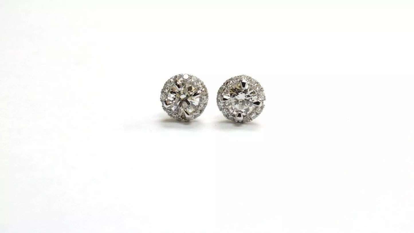 Fine 14k White Gold Hailo Diamond Stud Earrings 1.01 CT G VS1-VS2 Claw Setting