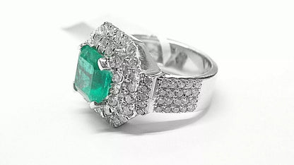 Fine 14K White Gold Cushion Cut Columbian Emerald VS Diamond Engagement Ring