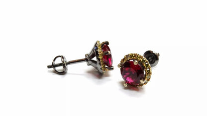 New 10k Black Gold Black Fancy Yellow Diamond and Ruby Stud Earrings 2.35 CT