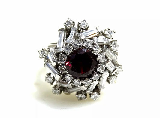 Fine Cocktail Solid 14k White Gold 3.39 CT Natural Diamond and Lab Ruby Ring