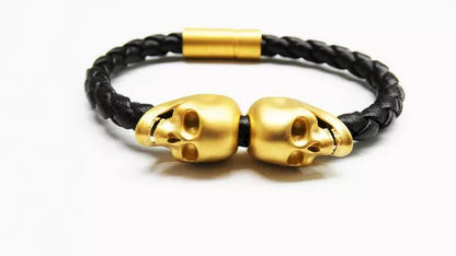 Designer Fashion Italian leather Skull Head Bangle Bracelet 14K Gold Silver SS