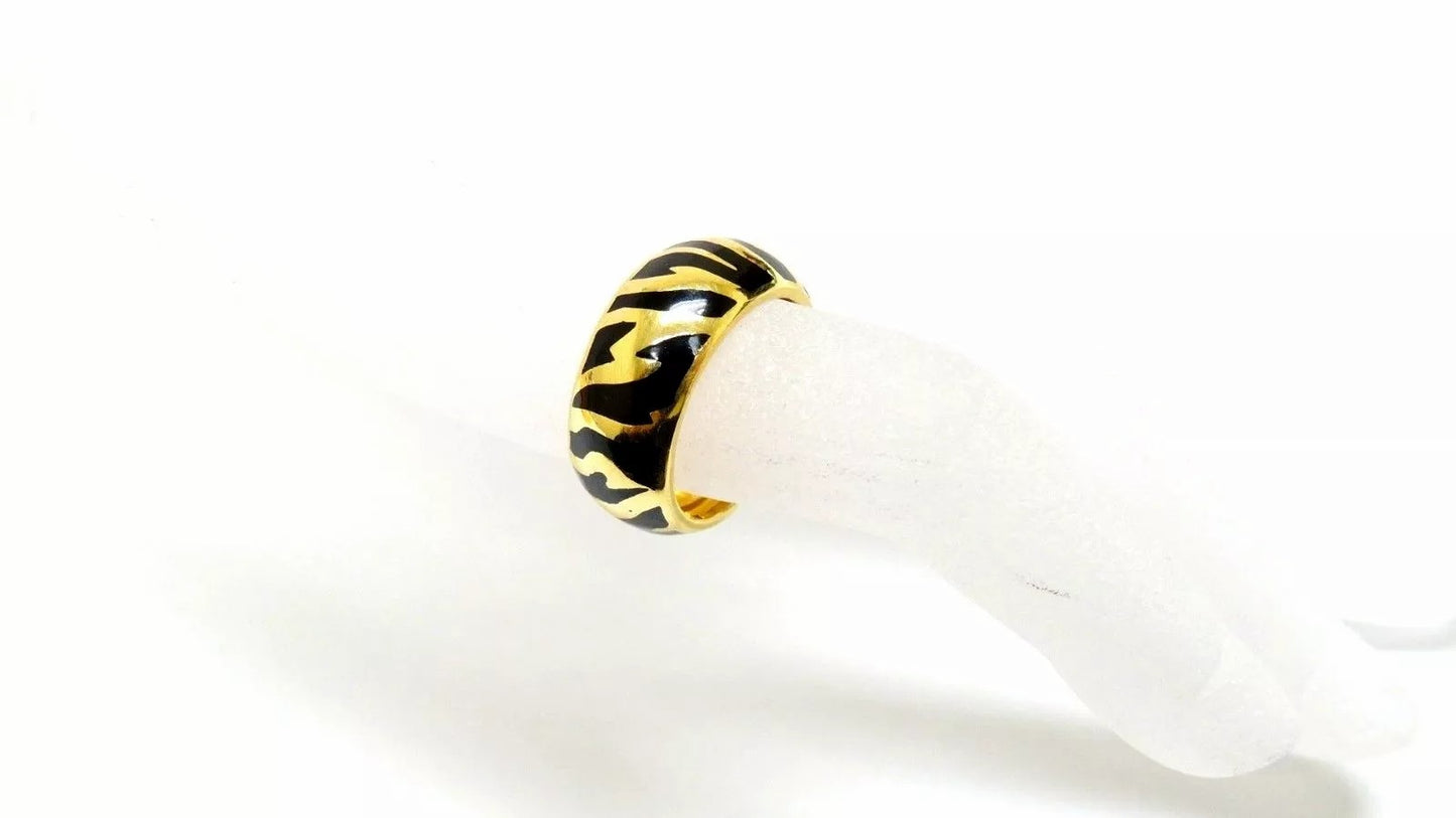 Fine Beautiful Carlos C 18K Yellow Gold & Black Enamel Ladies Band Tiger Ring