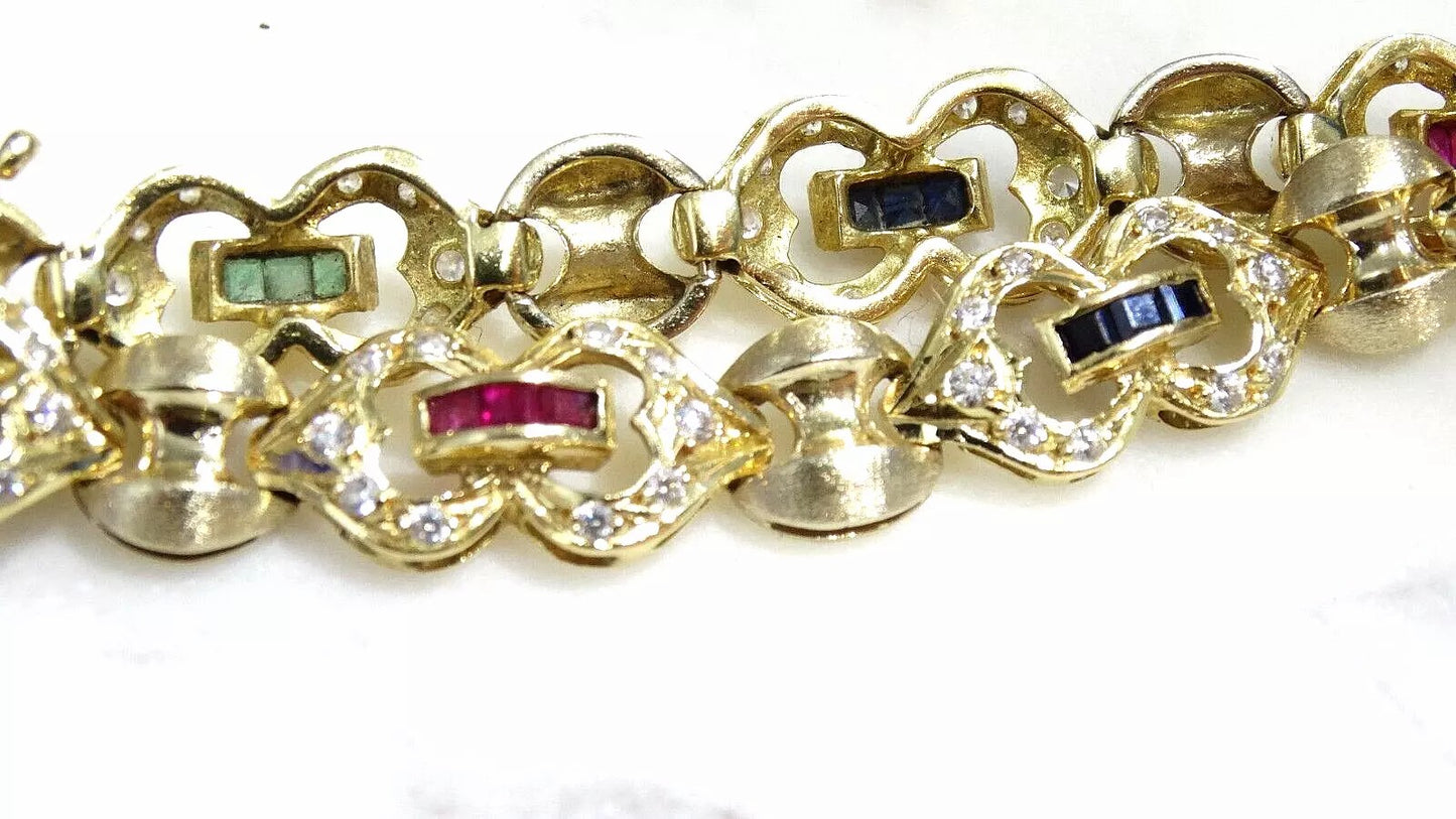 Vintage Fine 18K Yellow Gold 1.75 ct TW Ruby Emerald Sapphire Diamond Bracelet