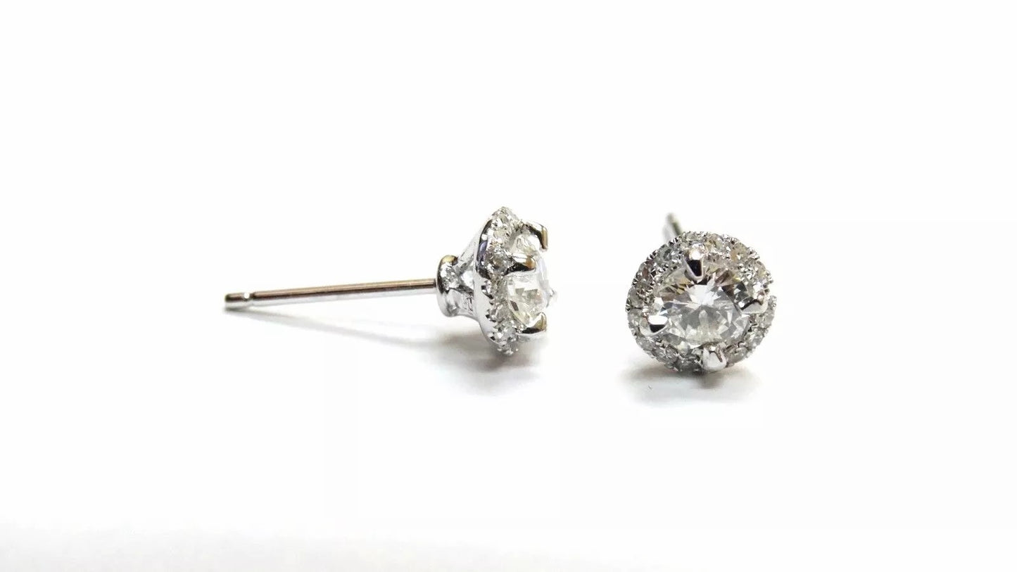 Fine 14k White Gold Hailo Diamond Stud Earrings 1.01 CT G VS1-VS2 Claw Setting