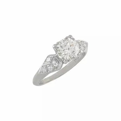 Vintage Art Deco Platinum Old European Cut Engagment Diamond Ring 1.45 CT J VS