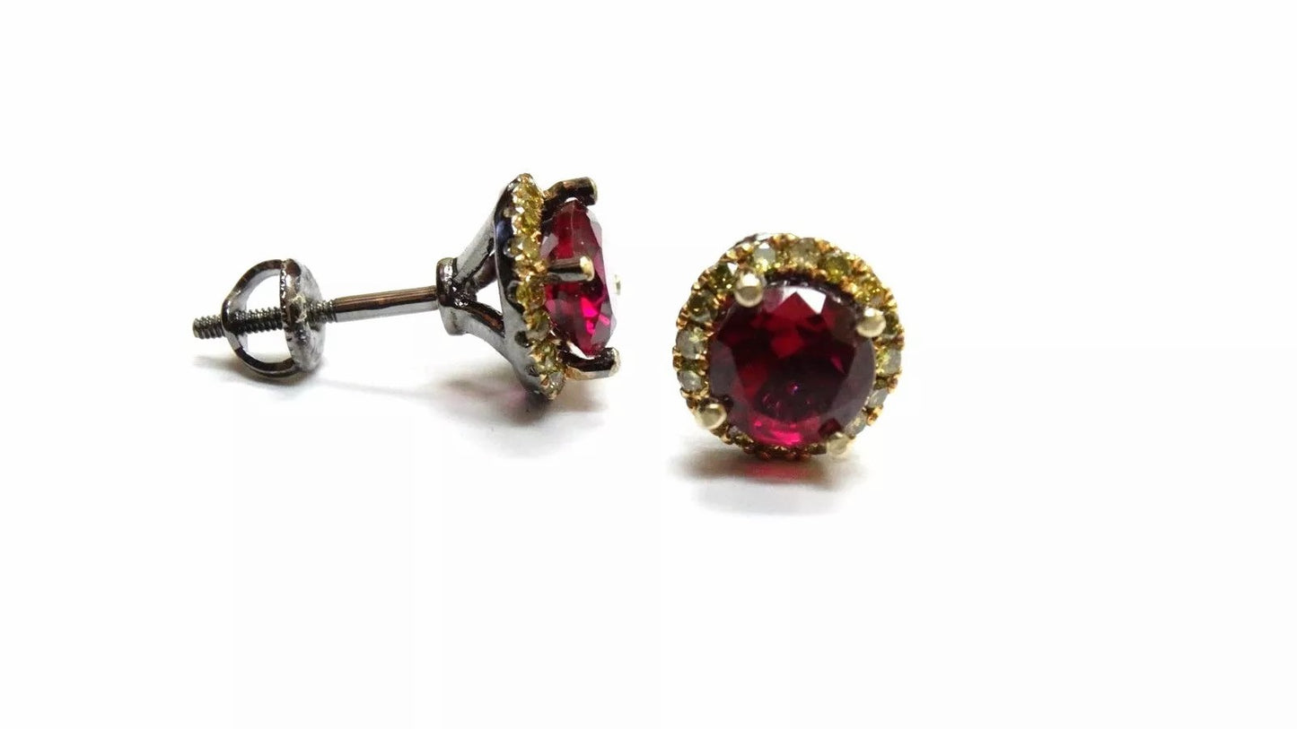 New 10k Black Gold Black Fancy Yellow Diamond and Ruby Stud Earrings 2.35 CT