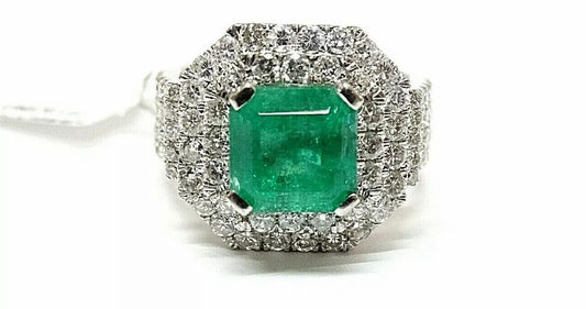 Fine 14K White Gold Cushion Cut Columbian Emerald VS Diamond Engagement Ring