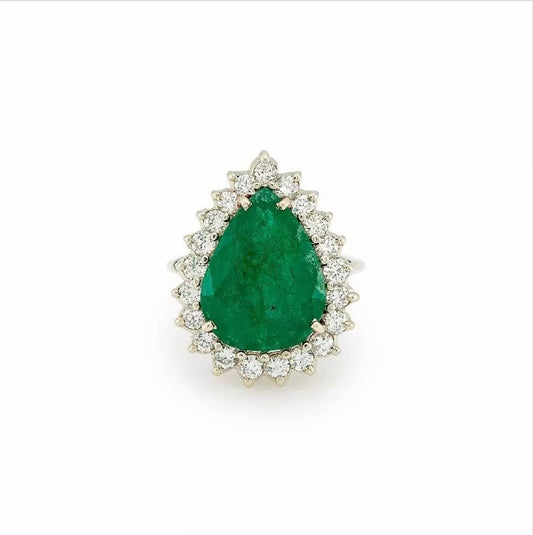 Fine 14k White Gold 9.20 CTs Pear Shape Zambian Emerald Diamond Cocktail Ring