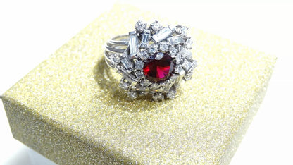 Fine Cocktail Solid 14k White Gold 3.39 CT Natural Diamond and Lab Ruby Ring