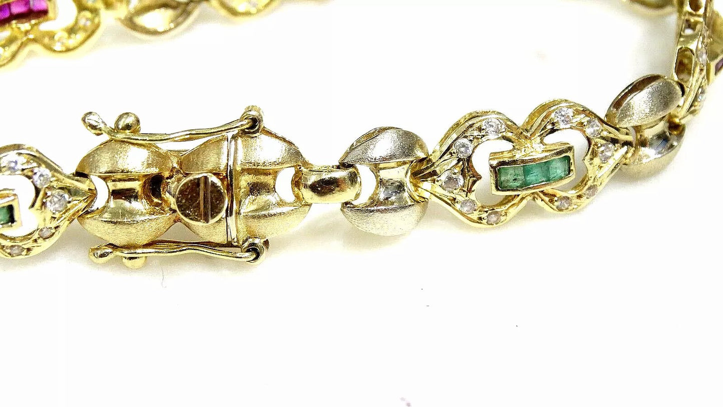 Vintage Fine 18K Yellow Gold 1.75 ct TW Ruby Emerald Sapphire Diamond Bracelet