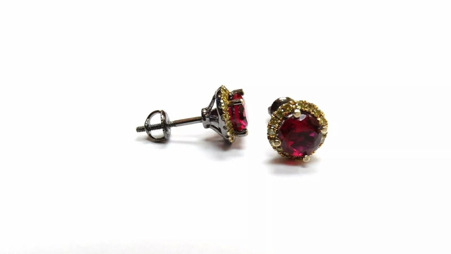 New 10k Black Gold Black Fancy Yellow Diamond and Ruby Stud Earrings 2.35 CT