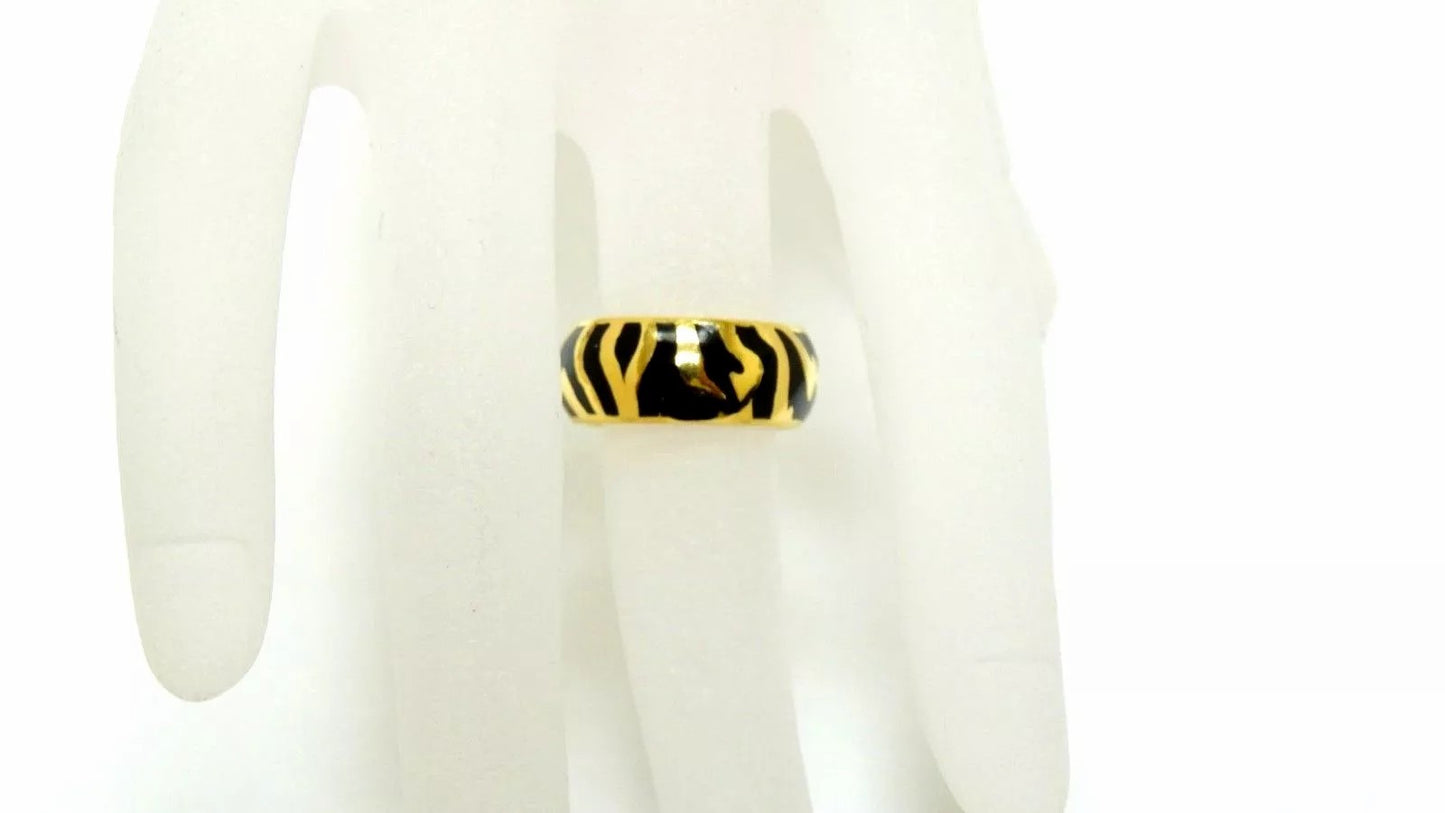 Fine Beautiful Carlos C 18K Yellow Gold & Black Enamel Ladies Band Tiger Ring