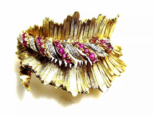 Estate Vintage Floral Cocktail Ruby Diamond Brooch Pin 18k Yellow Gold Italy