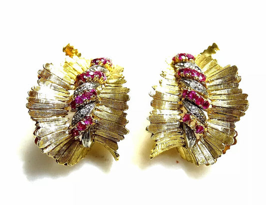 Estate Floral Cocktail Ruby Diamond Huggies Earrings 18k Yellow Gold Clip On