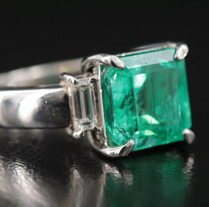 Genuine Platinum Octagonal Columbian Emerald VS Diamond Engagement Ring