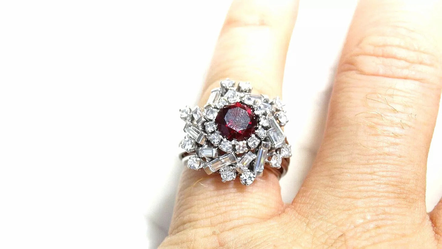 Fine Cocktail Solid 14k White Gold 3.39 CT Natural Diamond and Lab Ruby Ring