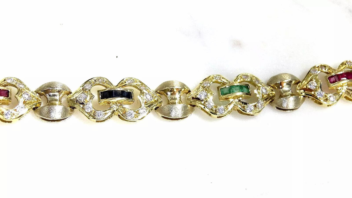 Vintage Fine 18K Yellow Gold 1.75 ct TW Ruby Emerald Sapphire Diamond Bracelet