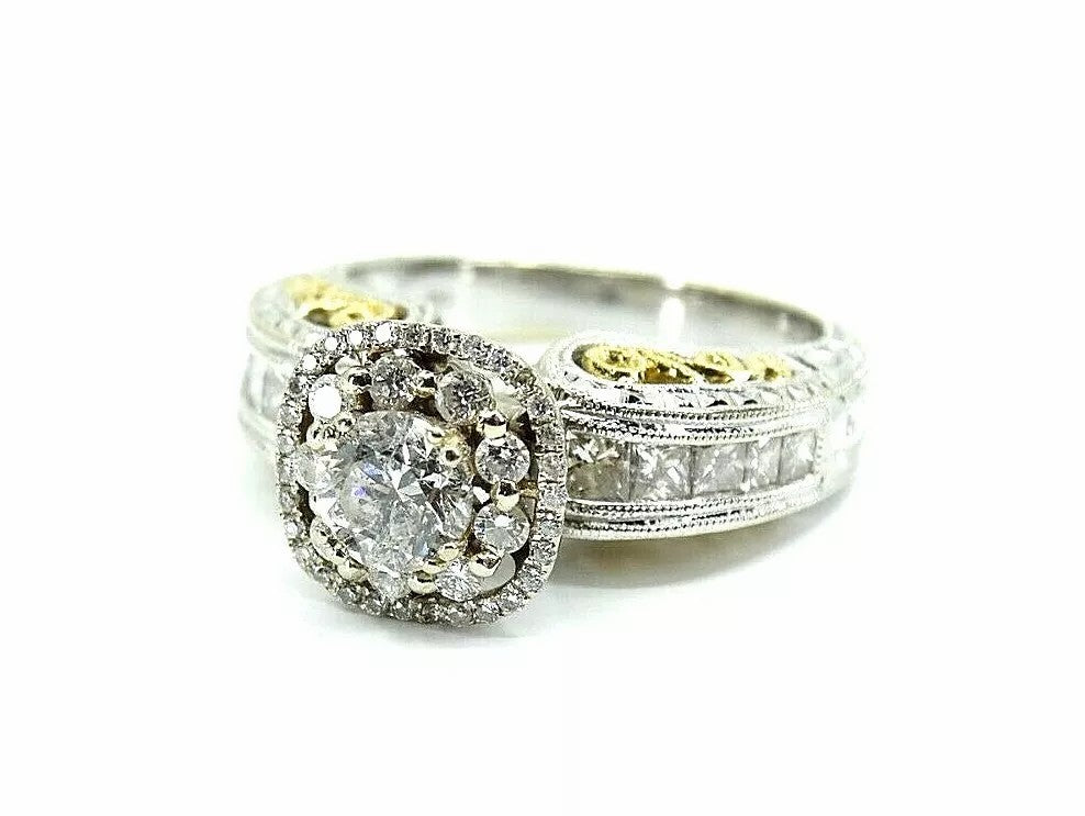 Fine 18k Two Tone Gold Fligree Design Diamond Engagment Wedding Ring F SI1-SI2