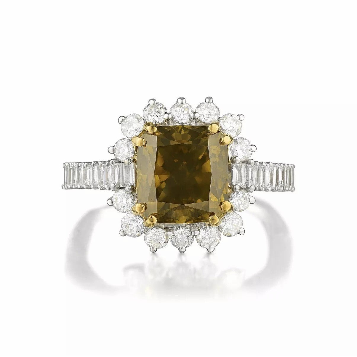 Estate 5.30 CT Fancy Brown Greenish Yellow Cushion Cut Diamond Engagment Ring