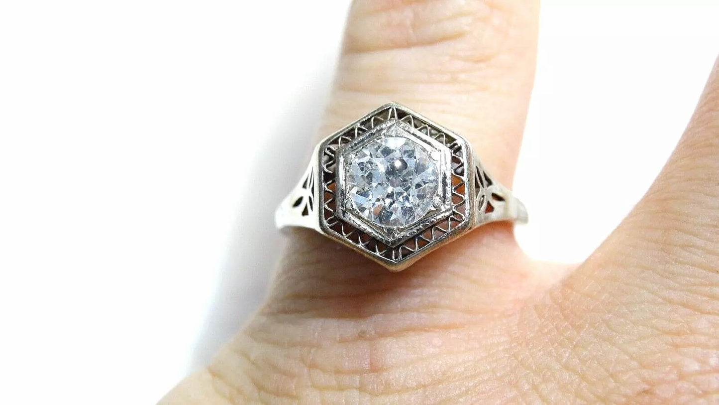 Vintage Antique 1.00 CT Old Minor European Cut Diamond 14k White Gold Ring