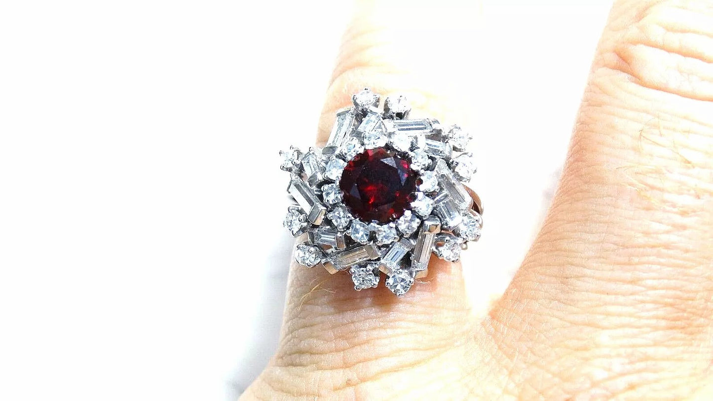 Fine Cocktail Solid 14k White Gold 3.39 CT Natural Diamond and Lab Ruby Ring