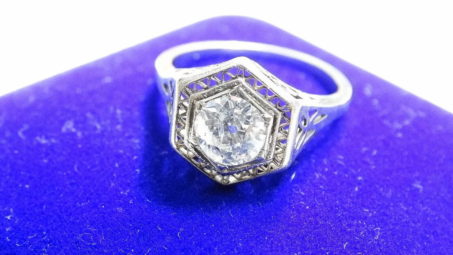 Vintage Antique 1.00 CT Old Minor European Cut Diamond 14k White Gold Ring