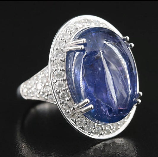 Estate 29.17 CT NATURAL Oval CABOCHON Tanzanite And DIAMOND RING 14k White Gold