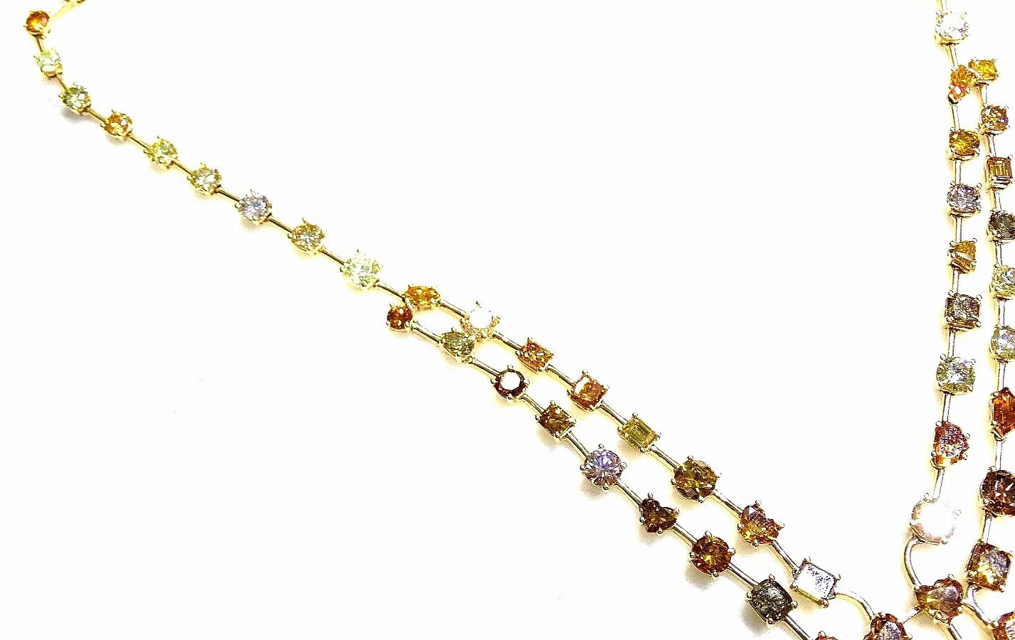 Unique 18k Yellow Gold 35.05 CTs Fancy cut Fancy Color Natural Diamond Necklace