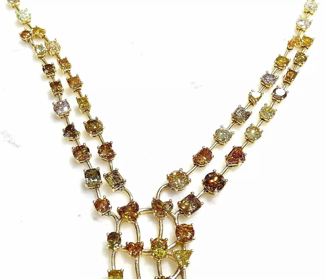 Unique 18k Yellow Gold 35.05 CTs Fancy cut Fancy Color Natural Diamond Necklace