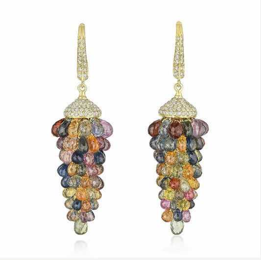 Estate 18k Yellow Gold 97.68 CTs Multicolor Sapphire Diamond Grape Earring