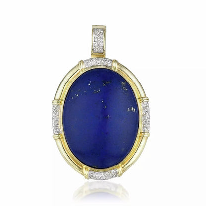 Vintage 14k Yellow Gold Oval Cabochon Lapis Lazuli And Diamond Pendant