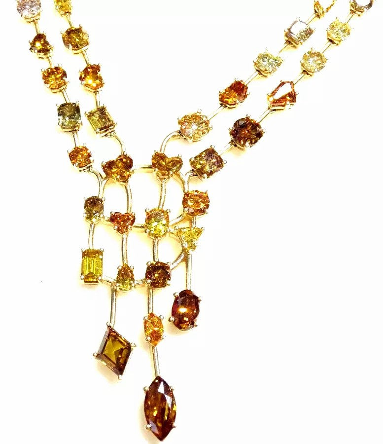 Unique 18k Yellow Gold 35.05 CTs Fancy cut Fancy Color Natural Diamond Necklace