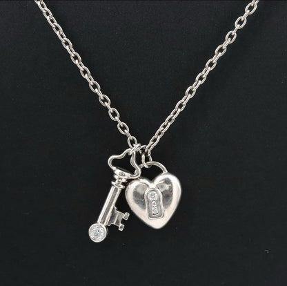 Vintage Tiffany & Co Platinum And Diamond Padlock Key Heart Necklace PT950