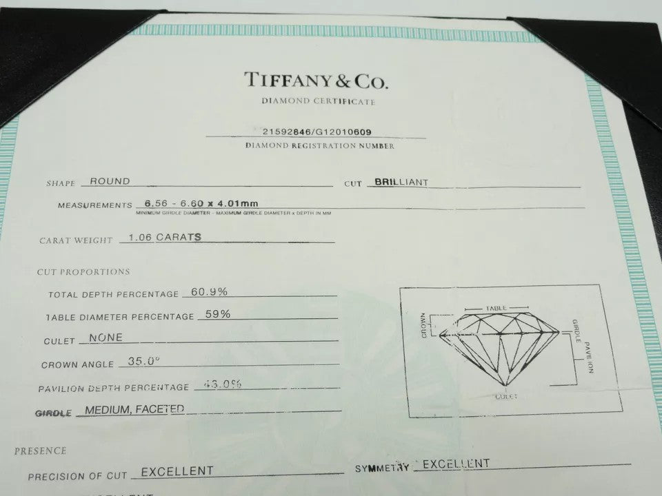 Tiffany & Co PLAT Round Diamond Solitaire Engagement Ring 1.06CT H-VS1